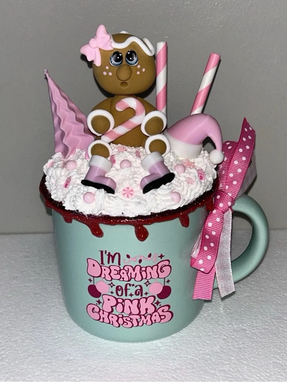 Pink Christmas Gingerbread Fake Whip Cream Mug Holiday Decoration Handmade